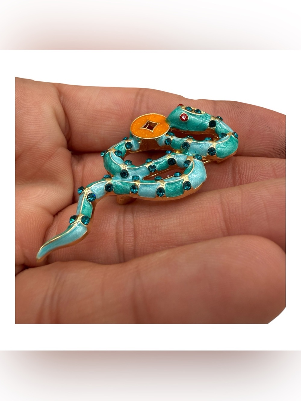 Turquoise Enamel Snake Ornament with Amber Coin - Designer Accent - Picture 5 of 7